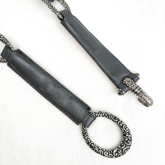 Brighton Pewter Gray Leather Belt Silver Tone Scroll Buckle Oval Concho 36 - Picture 7 of 12